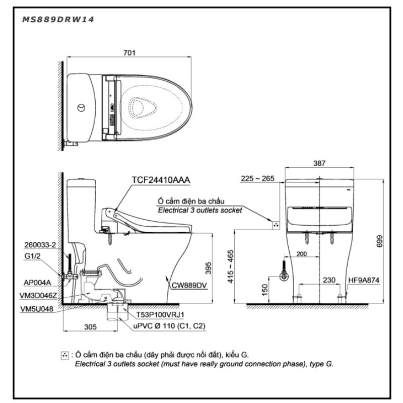 Bàn cầu 1 khối TOTO MS889DRW14 nắp điện tử Washlet C5 TCF24410AAA