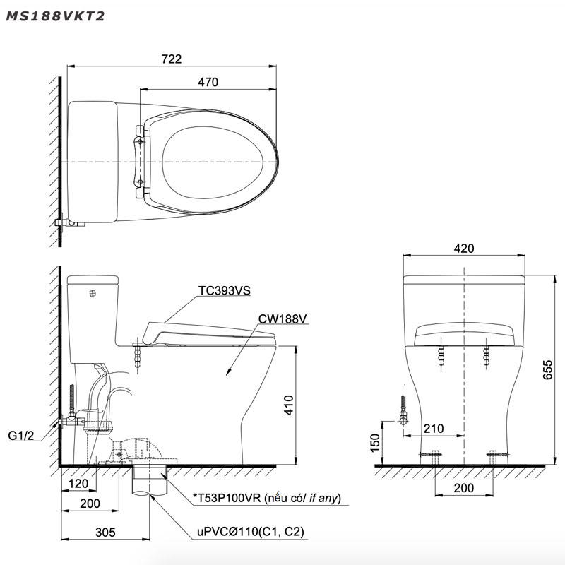 Bàn cầu 1 khối TOTO MS188VKT2#XW T53P100VR nắp đóng êm TC393VS