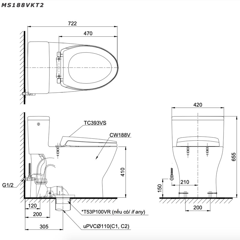 Bàn cầu 1 khối TOTO MS188VKT8#XW T53P100VR nắp đóng êm TC600VS