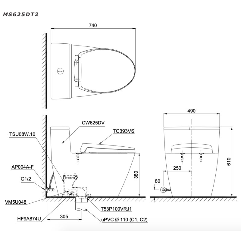 Bàn cầu 1 khối TOTO MS625DT2#XW nắp đóng êm TC393VS