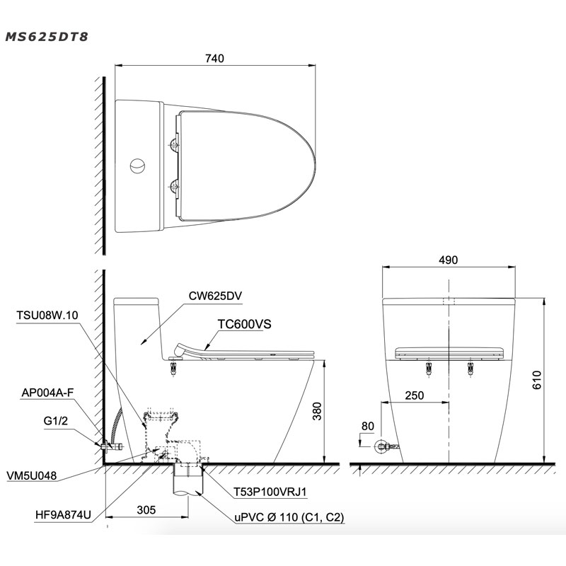 Bàn cầu 1 khối TOTO MS625DT8#XW nắp đóng êm TC600VS