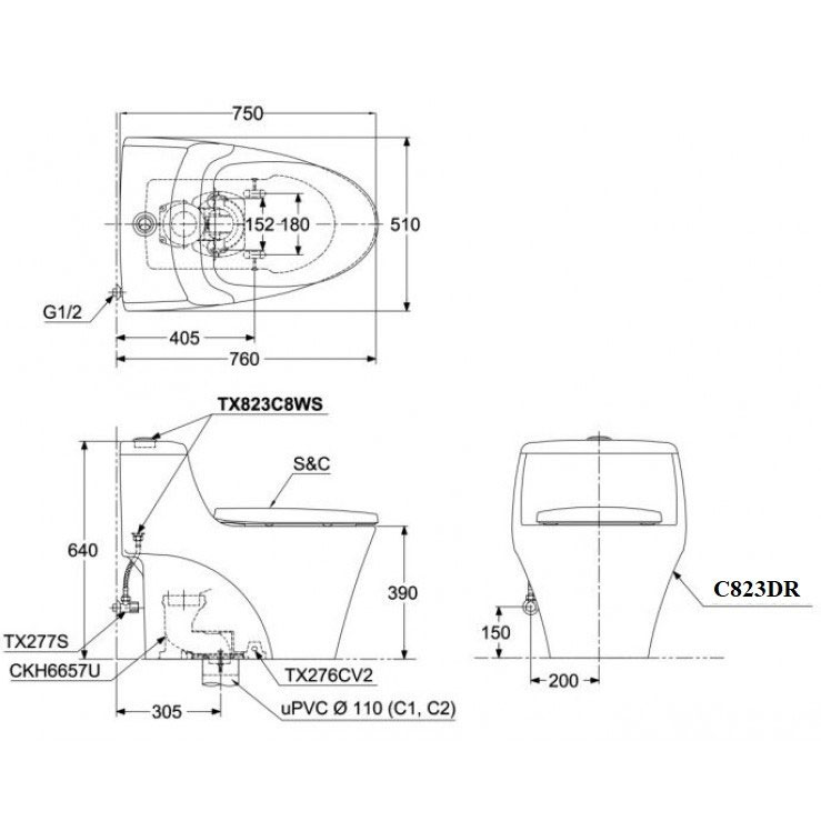 Bàn cầu 1 khối TOTO MS823DRT8#XW nắp đóng êm TC600VS