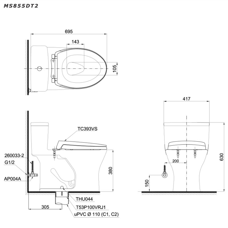 Bàn cầu 1 khối TOTO MS855DT2#XW nắp đóng êm TC393VS