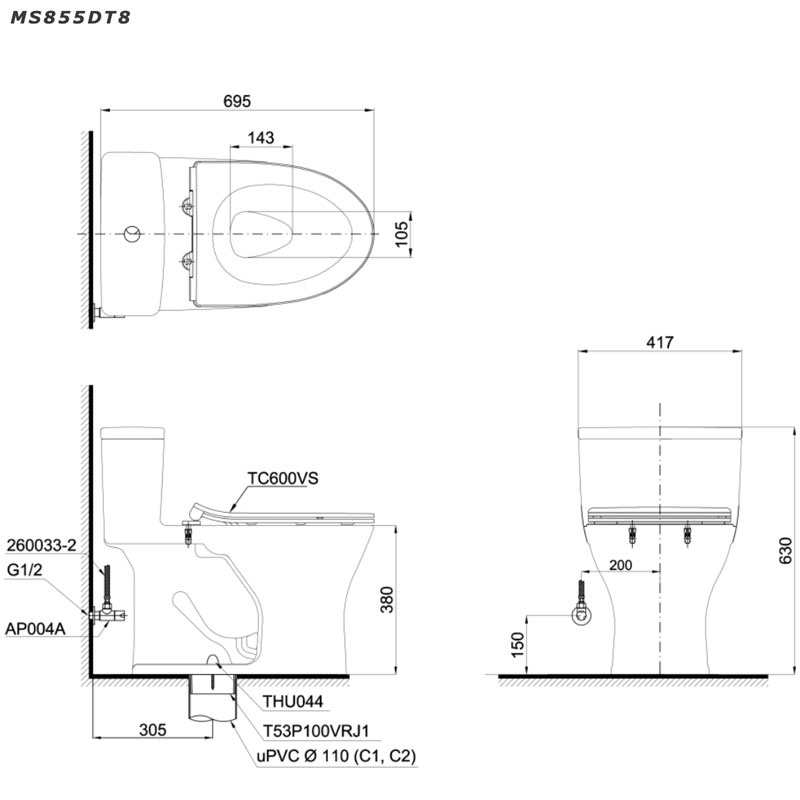 Bàn cầu 1 khối TOTO MS855DT8#XW nắp đóng êm TC600VS