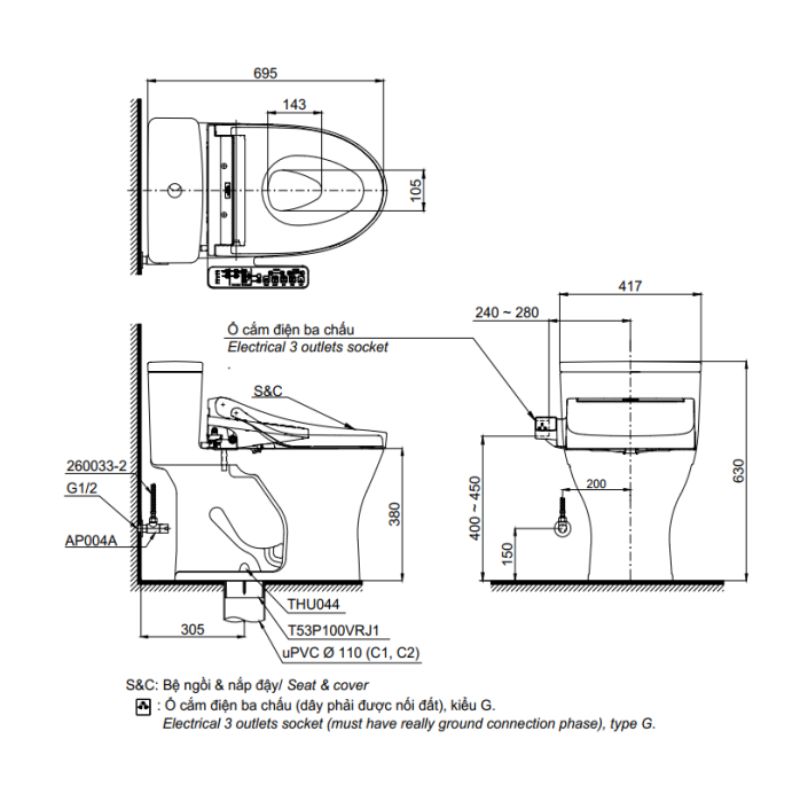 Bàn cầu 1 khối TOTO MS855DW16 nắp điện tử Washlet C2 TCF23410AAA