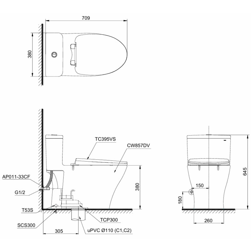 Bàn cầu 1 khối TOTO MS857DT10#XW nắp đóng êm TC395VS