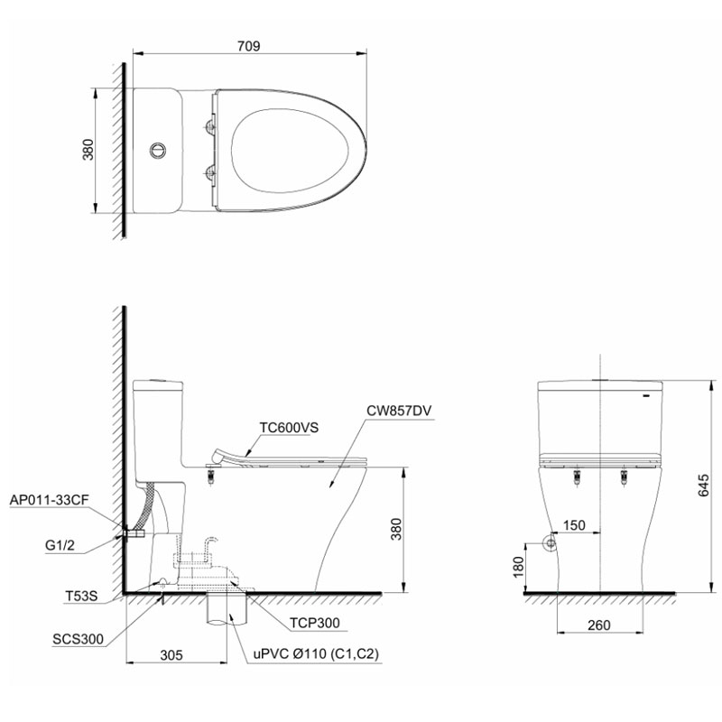 Bàn cầu 1 khối TOTO MS857DT2#XW nắp đóng êm TC393VS