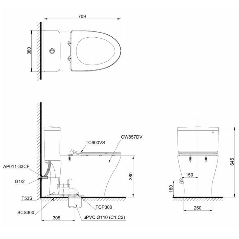 Bàn cầu 1 khối TOTO MS857DT8#XW nắp đóng êm TC600VS