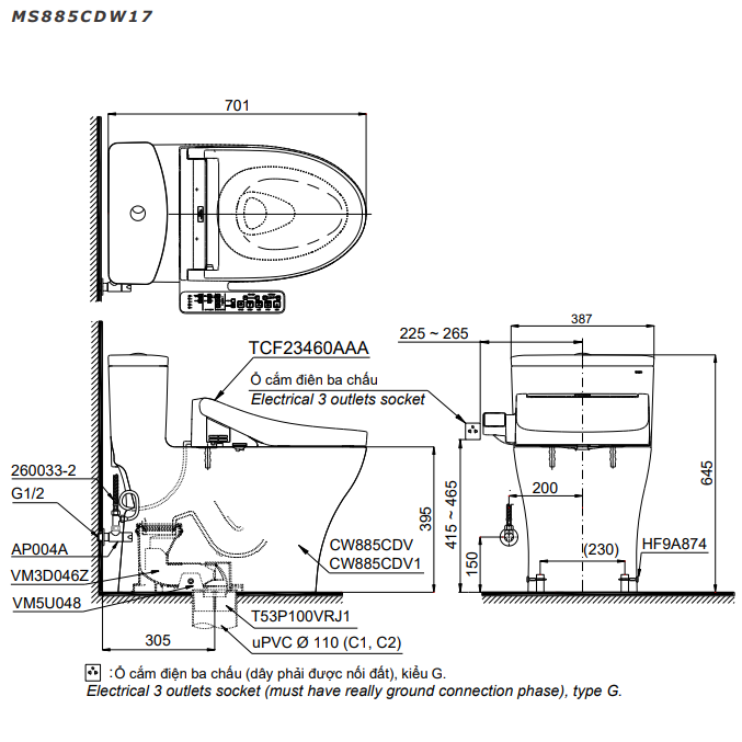 Bàn cầu 1 khối TOTO MS885CDW17 nắp điện tử Washlet C2 TCF23460AAA giấu dây