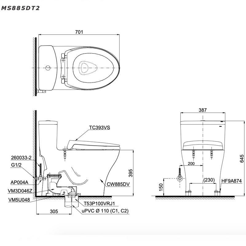 Bàn cầu 1 khối TOTO MS885DT2#XW nắp đóng êm TC393VS