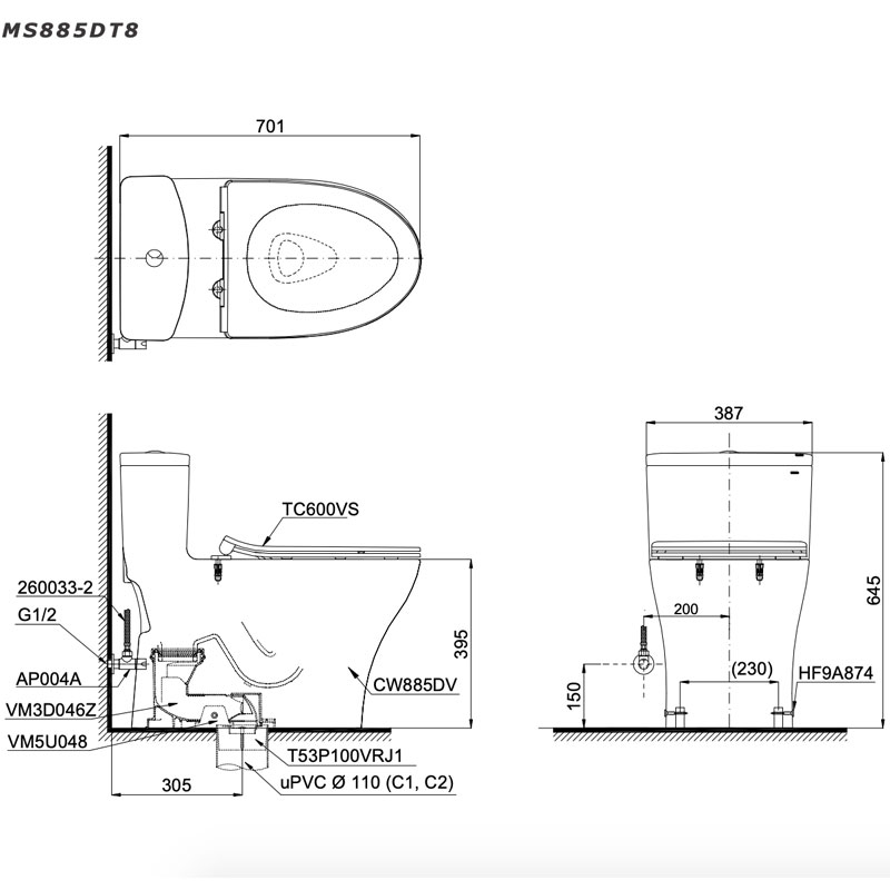 Bàn cầu 1 khối TOTO MS885DT8#XW nắp đóng êm TC600VS