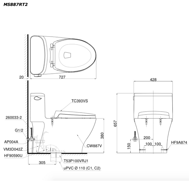 Bàn cầu 1 khối TOTO MS887RT2#XW nắp đóng êm TC393VS