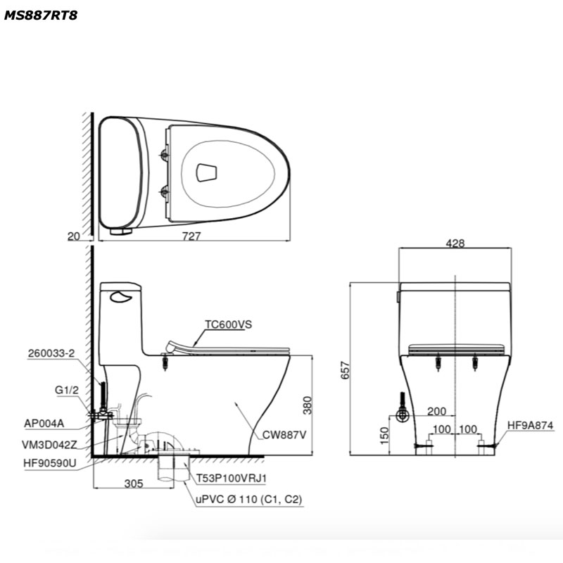 Bàn cầu 1 khối TOTO MS887RT8#XW nắp đóng êm TC600VS