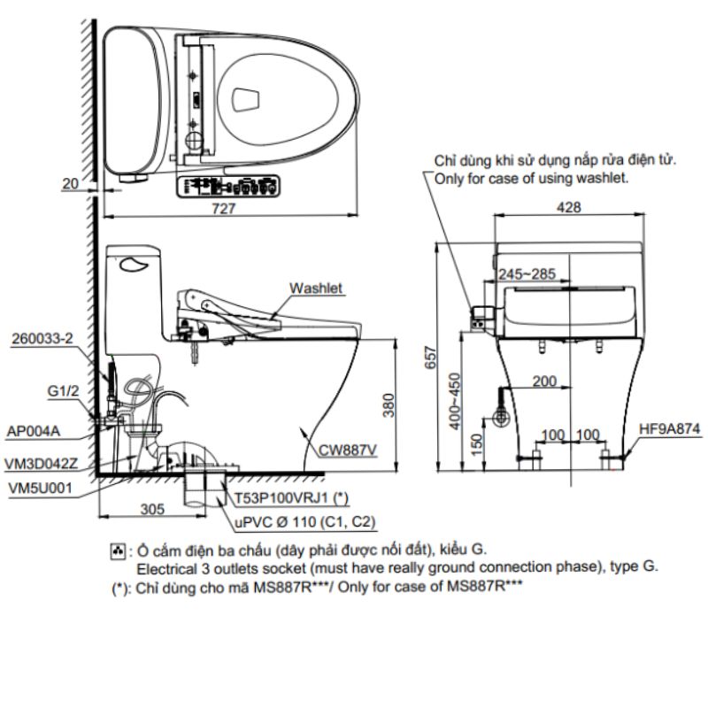 Bàn cầu 1 khối TOTO MS887RW16 nắp điện tử Washlet C2 TCF23410AAA
