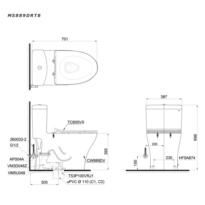 Bàn cầu 1 khối TOTO MS889DRT8#XW nắp đóng êm TC600VS