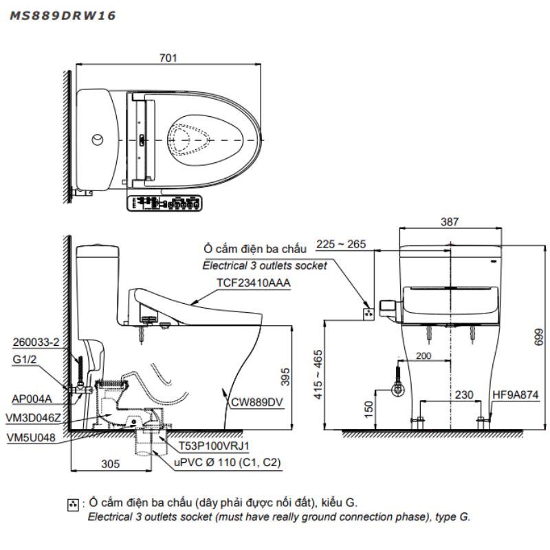 Bàn cầu 1 khối TOTO MS889DRW16 nắp điện tử Washlet C2 TCF23410AAA