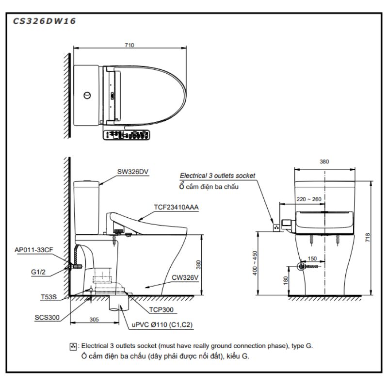 Bàn cầu 2 khối TOTO CS326DW16 nắp điện tử Washlet C2 TCF23410AAA