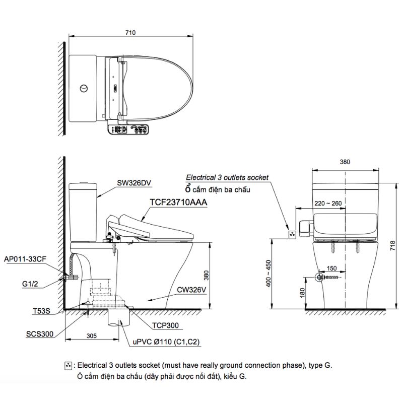 Bàn cầu 2 khối TOTO CS326DW18 nắp điện tử TCF23710AAA Washlet C2 cơ bản