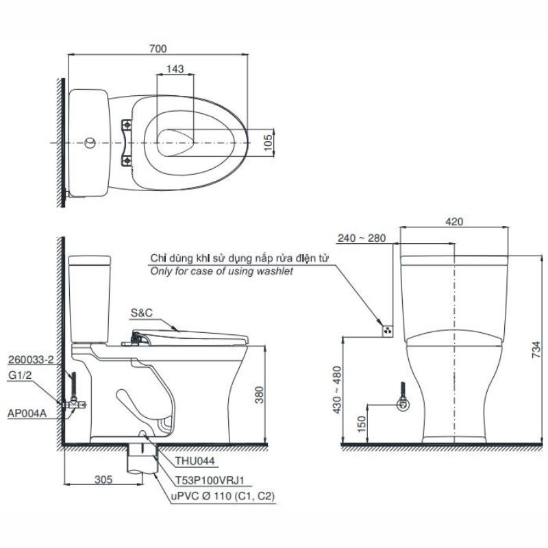 Bàn cầu 2 khối TOTO CS735DW14 nắp điện tử Washlet C5 TCF24410AAA