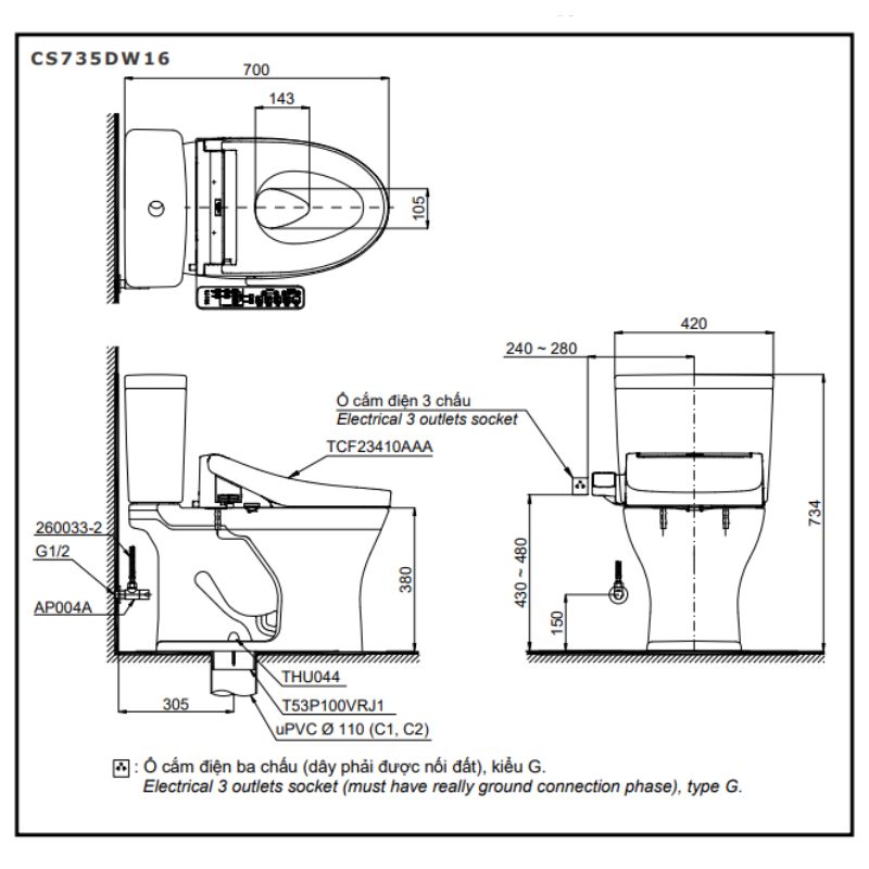 Bàn cầu 2 khối TOTO CS735DW16 nắp điện tử Washlet C2 TCF23410AAA