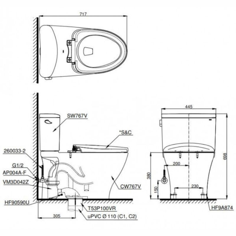 Bàn cầu 2 khối TOTO CS767CRW15 nắp điện tử Washlet C5 TCF24460AAA giấu dây