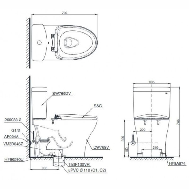 Bàn cầu 2 khối TOTO CS769CDRW15 nắp điện tử Washlet C5 TCF24460AAA giấu dây