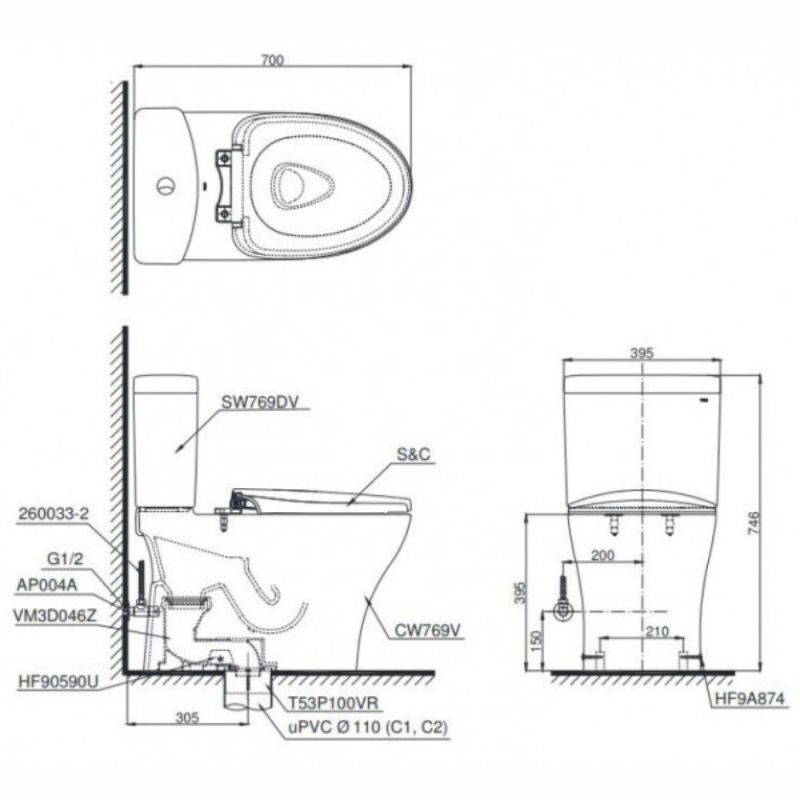 Bàn cầu 2 khối TOTO CS769DRW14 nắp điện tử Washlet C5 TCF24410AAA