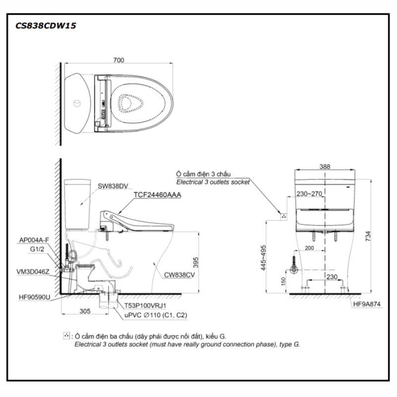 Bàn cầu 2 khối TOTO CS838CDW15 nắp điện tử Washlet C5 TCF24460AAA giấu dây