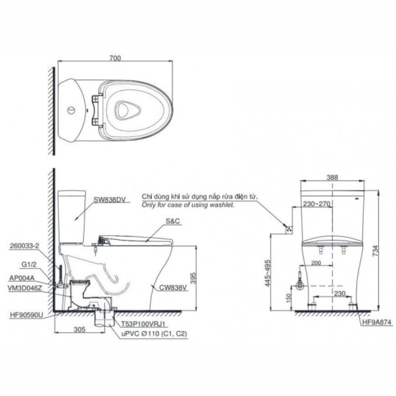 Bàn cầu 2 khối TOTO CS838DW14 nắp điện tử Washlet C5 TCF24410AAA