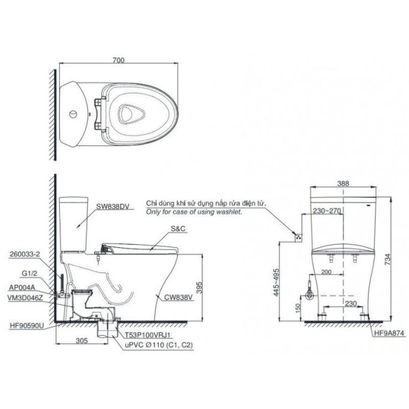 Bàn cầu 2 khối TOTO CS838DW18 nắp điện tử TCF23710AAA Washlet C2 cơ bản