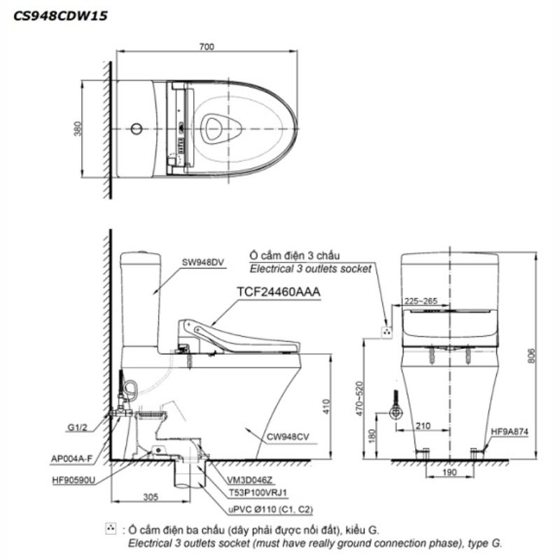 Bàn cầu 2 khối TOTO CS948CDW15 nắp điện tử Washlet C5 TCF24460AAA giấu dây