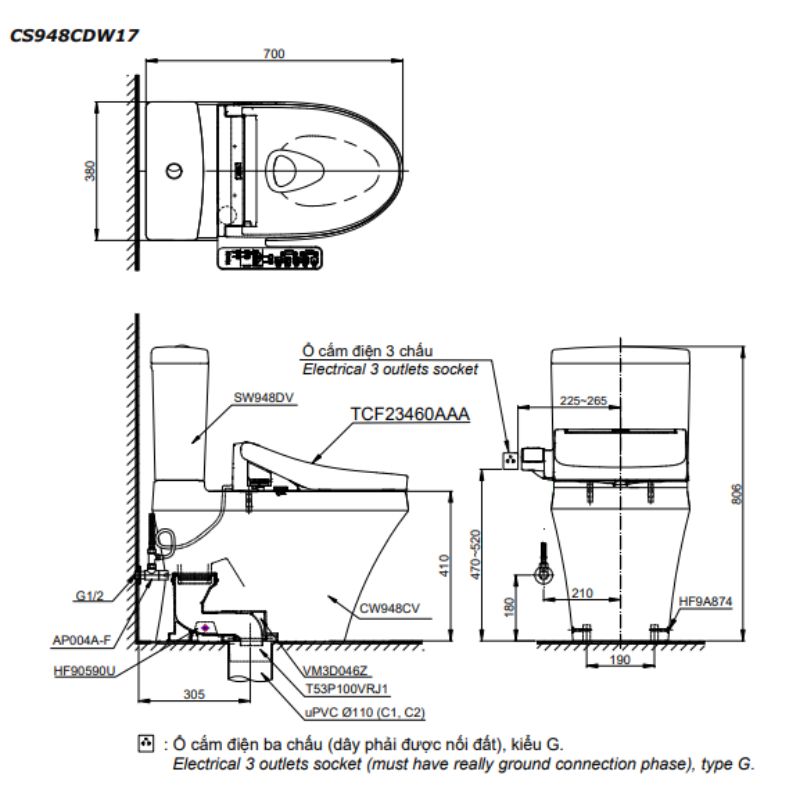 Bàn cầu 2 khối TOTO CS948CDW17 nắp điện tử Washlet C2 TCF23460AAA giấu dây