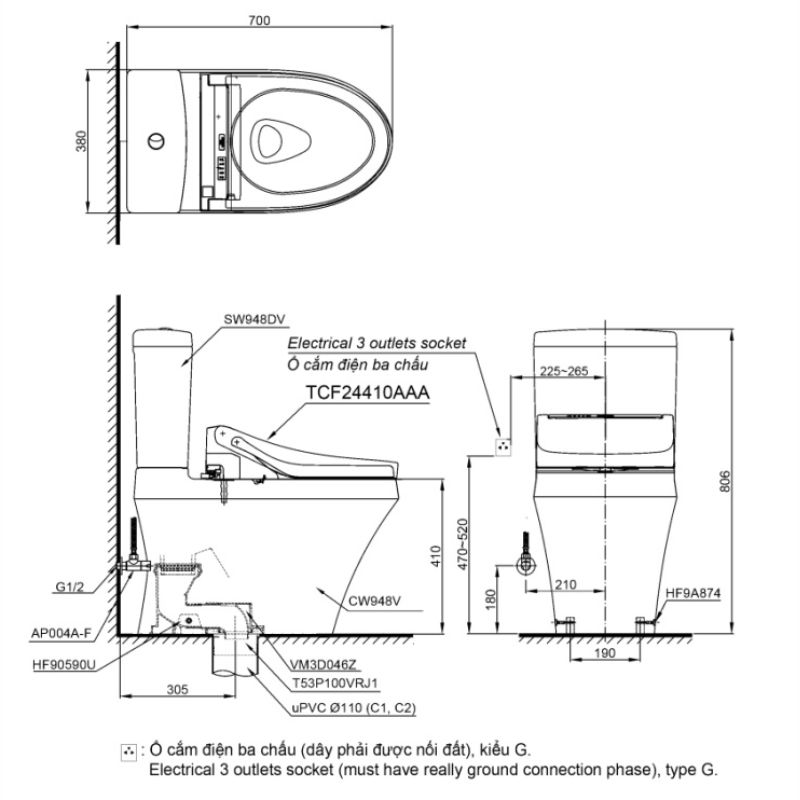Bàn cầu 2 khối TOTO CS948DW14 nắp điện tử Washlet C5 TCF24410AAA