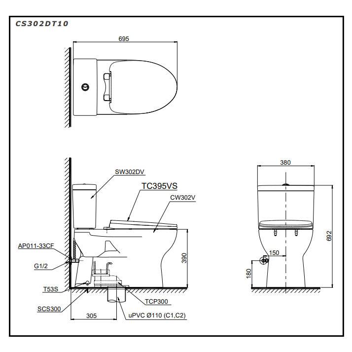 Bàn cầu 2 khối TOTO CS302DT10#W nắp đóng êm TC395VS