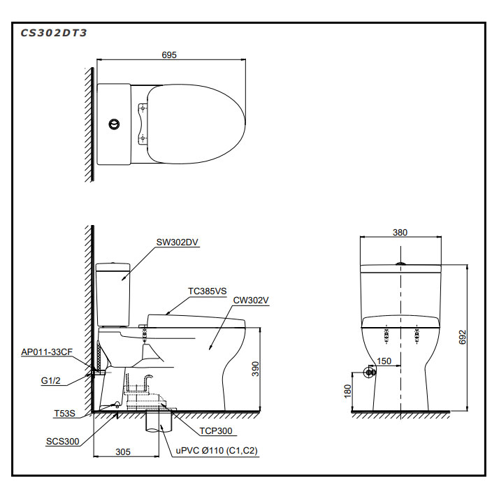 Bàn cầu 2 khối TOTO CS302DT3#W nắp đóng êm TC385VS