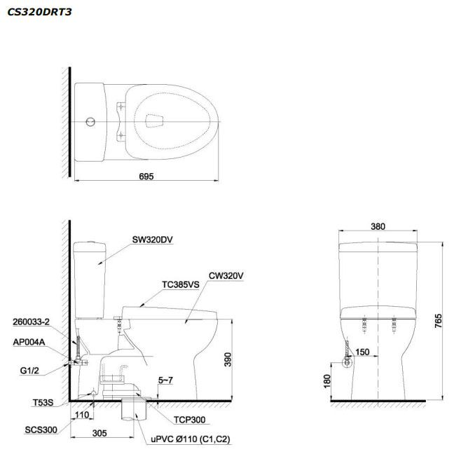 Bàn cầu 2 khối TOTO CS320DRT3#W nắp đóng êm TC385VS