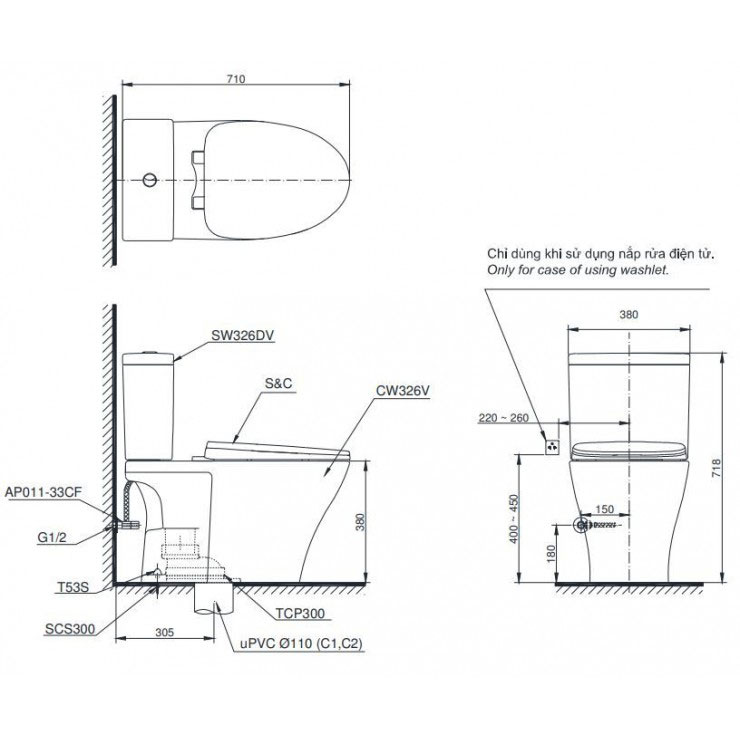 Bàn cầu 2 khối TOTO CS326DT10#XW nắp đóng êm TC395VS