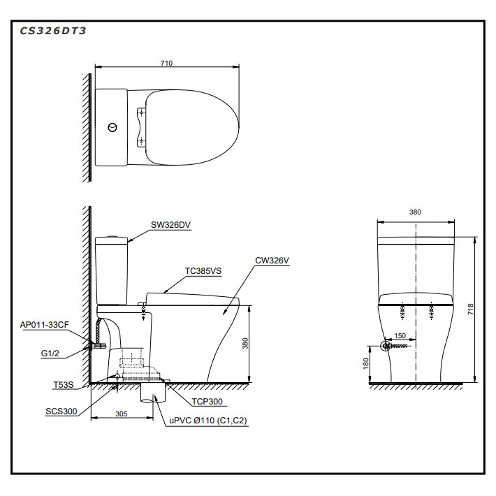 Bàn cầu 2 khối TOTO CS326DT3#XW nắp đóng êm TC385VS