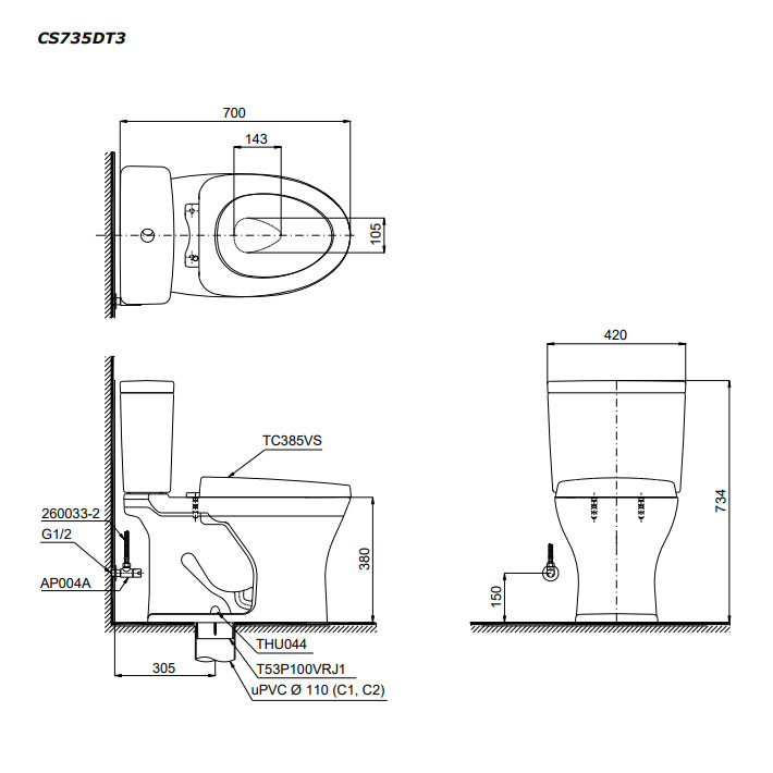 Bàn cầu 2 khối TOTO CS735DT3#XW nắp đóng êm TC385VS