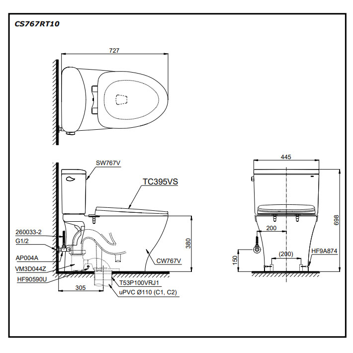 Bàn cầu 2 khối TOTO CS767RT10#XW nắp đóng êm TC395VS