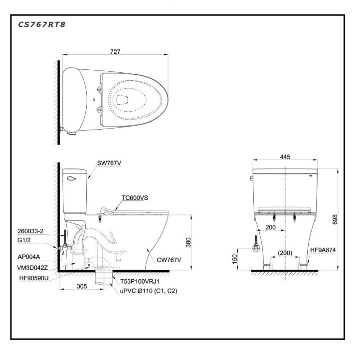 Bàn cầu 2 khối TOTO CS767RT8#XW nắp đóng êm TC600VS