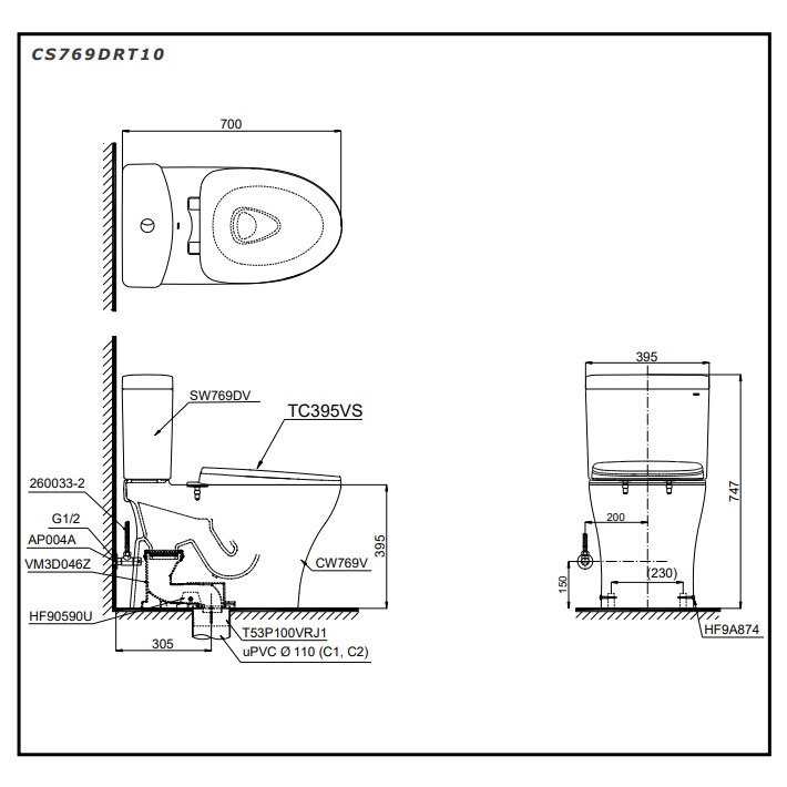 Bàn cầu 2 khối TOTO CS769DRT10#XW nắp đóng êm TC395VS