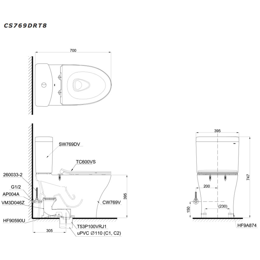 Bàn cầu 2 khối TOTO CS769DRT8#XW (CS769DT8) nắp đóng êm TC600VS