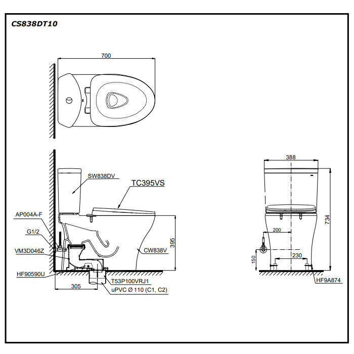 Bàn cầu 2 khối TOTO CS838DT10#XW nắp đóng êm TC395VS