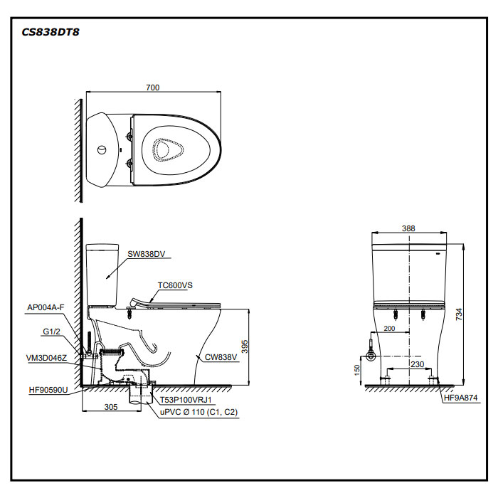 Bàn cầu 2 khối TOTO CS838DT8#XW nắp đóng êm TC600VS