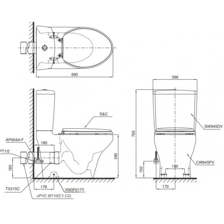 Bàn cầu 2 khối TOTO CS945PDT10 nắp đóng êm TC395VS thoát ngang