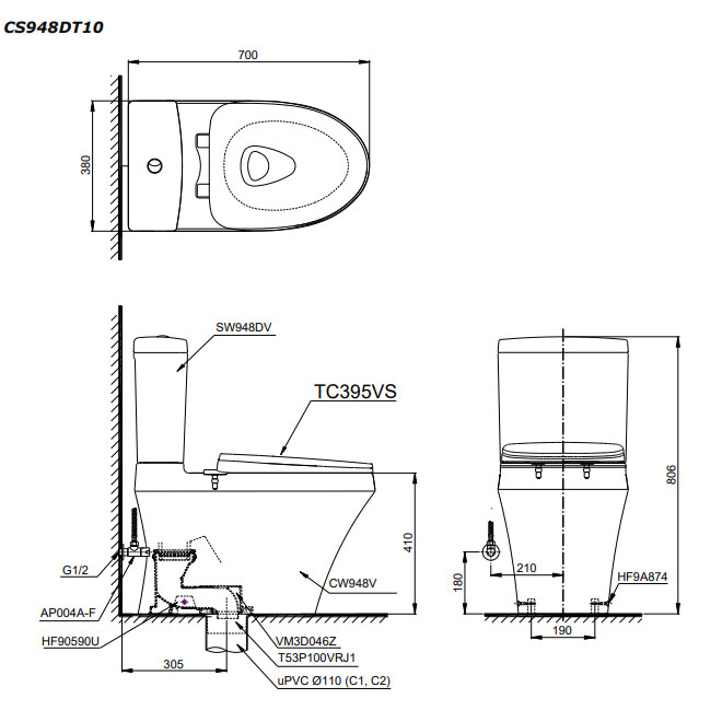Bàn cầu 2 khối TOTO CS948DT10#XW nắp đóng êm TC395VS