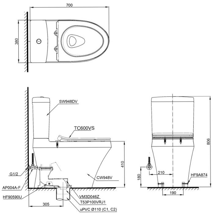 Bàn cầu hai khối TOTO CS948DT8#XW nắp đóng êm TC600VS