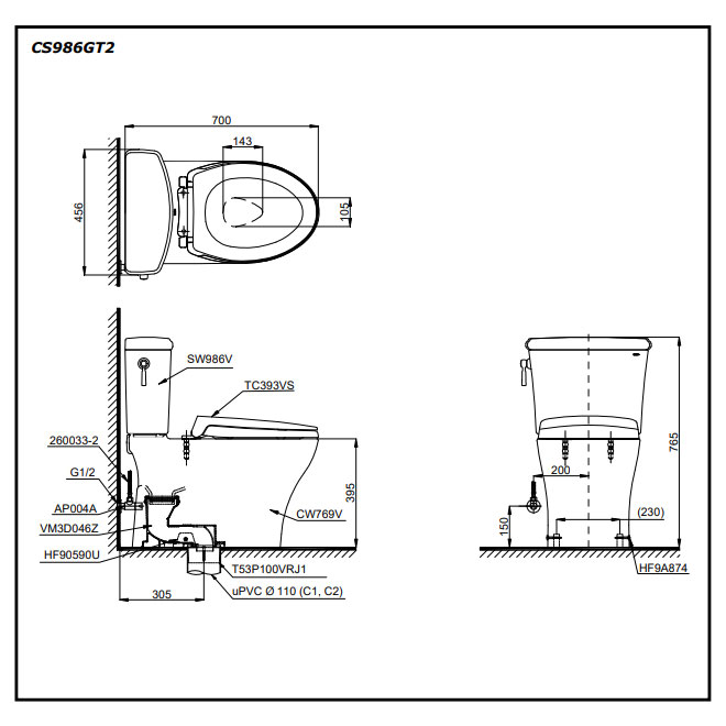 Bàn cầu 2 khối TOTO CS986GT2#XW nắp đóng êm TC393VS