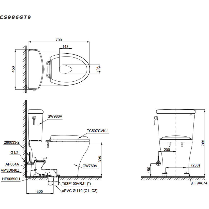 Bàn cầu 2 khối TOTO CS986GT9#XW nắp đóng êm TC507CVK-1